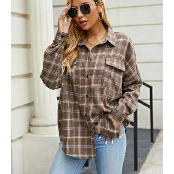 Button Down Flannel Plaid Shacket Long Sleeve Collared shirt Khaki - Picture 6 of 6